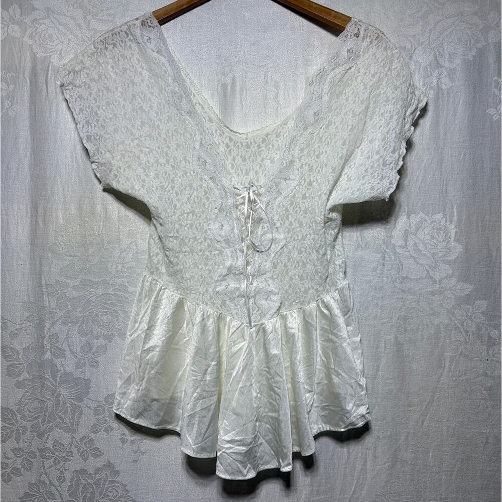 VTG Cinema Etoile Camisole Large White Lace Satin Made in USA Y2K Lace Up Bridal